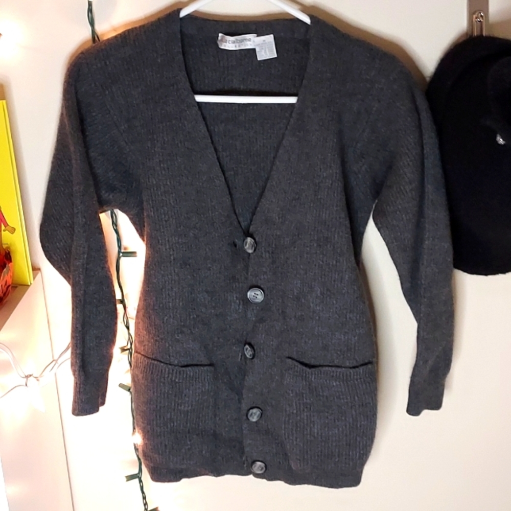 Grey wool cardigan.